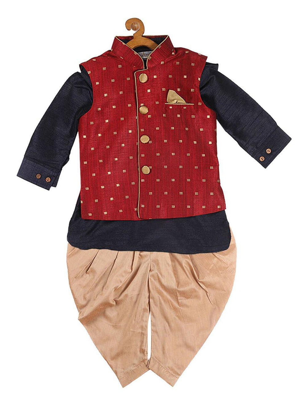 VASTRAMAY SISHU Boy's Navy Blue Kurta with Rose Gold Dhoti Pants & Maroon Nehru Jacket - Uboric