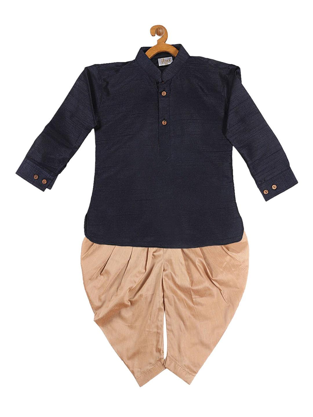 VASTRAMAY SISHU Boy's Navy Blue Kurta with Rose Gold Dhoti Pants & Maroon Nehru Jacket - Uboric