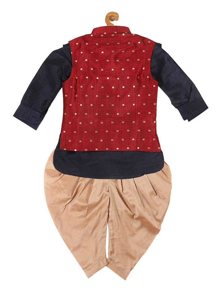 VASTRAMAY SISHU Boy's Navy Blue Kurta with Rose Gold Dhoti Pants & Maroon Nehru Jacket - Uboric