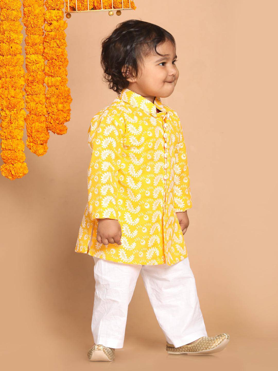 VASTRAMAY SISHU Boy's Orange Floral Chikankari Pure Cotton Kurta With White Pyjama Set - Uboric