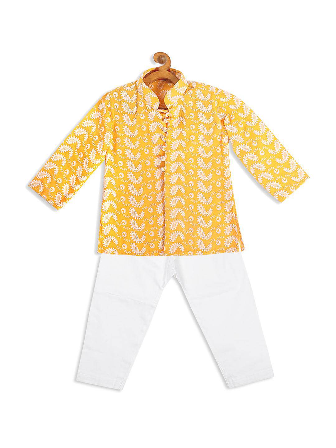 VASTRAMAY SISHU Boy's Orange Floral Chikankari Pure Cotton Kurta With White Pyjama Set - Uboric