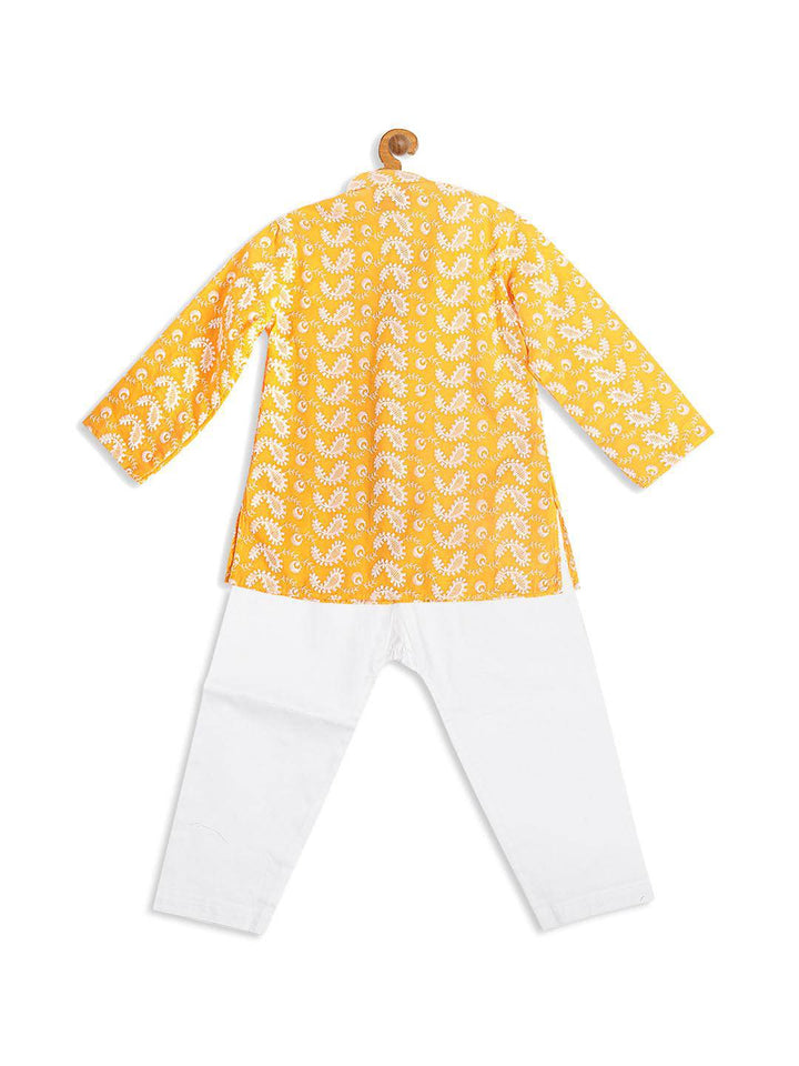 VASTRAMAY SISHU Boy's Orange Floral Chikankari Pure Cotton Kurta With White Pyjama Set - Uboric