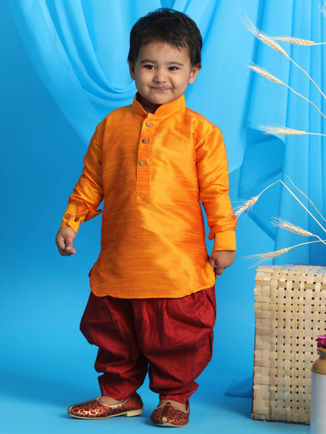 VASTRAMAY SISHU Boy's Orange Kurta And Maroon Dhoti Set - Uboric