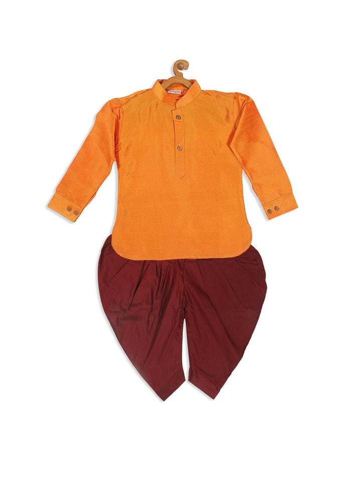 VASTRAMAY SISHU Boy's Orange Kurta And Maroon Dhoti Set - Uboric