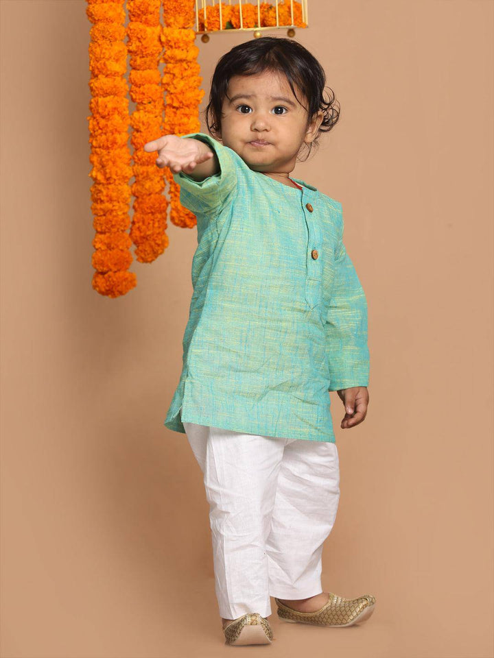 VASTRAMAY SISHU Boy's Parrot Green Cotton Kurta and White Pyjama Set - Uboric