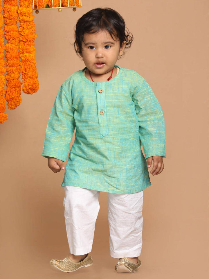 VASTRAMAY SISHU Boy's Parrot Green Cotton Kurta and White Pyjama Set - Uboric