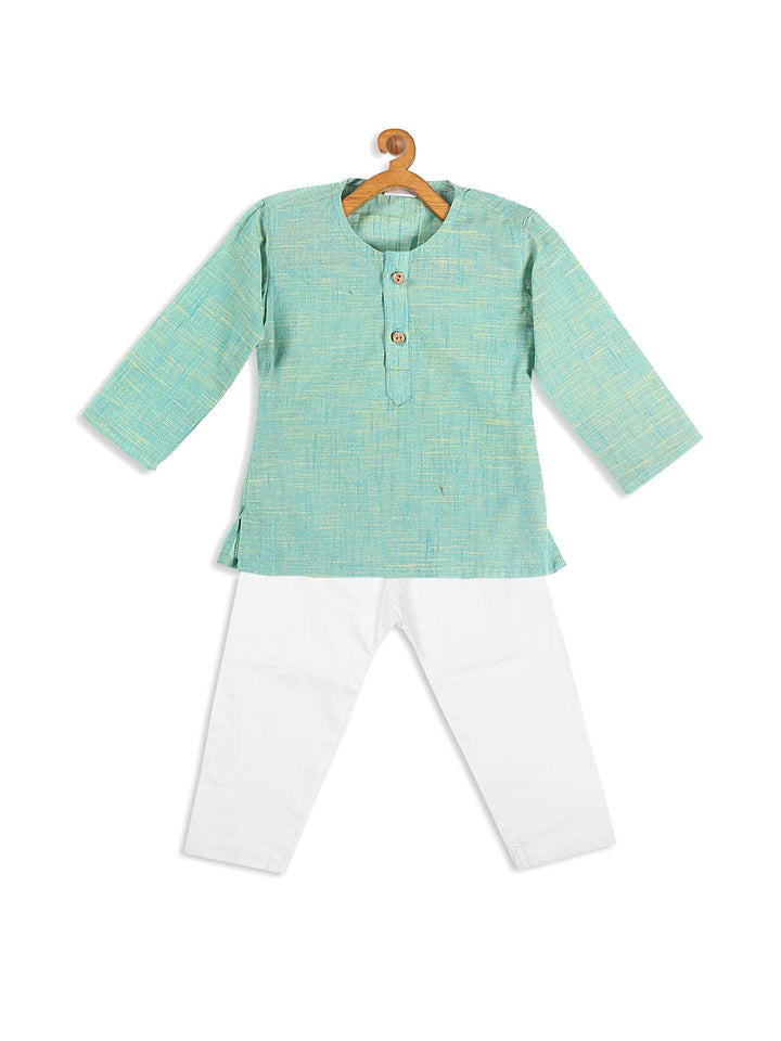 VASTRAMAY SISHU Boy's Parrot Green Cotton Kurta and White Pyjama Set - Uboric