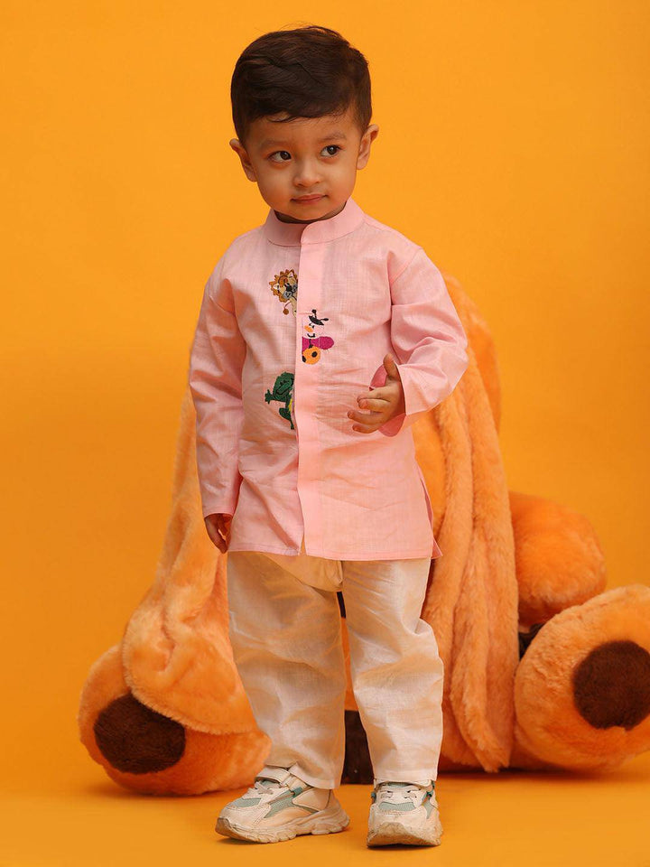 VASTRAMAY SISHU Boy's Pink and White Cotton Kurta Pyjama Set - Uboric