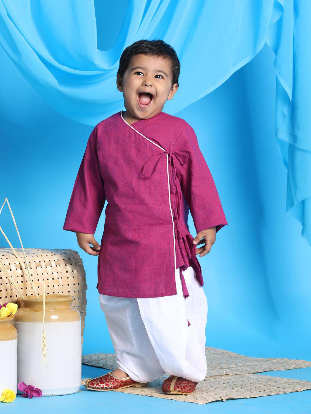 VASTRAMAY SISHU Boy's Pink Angrakha Style Krishna Kurta and White Dhoti Set - Uboric