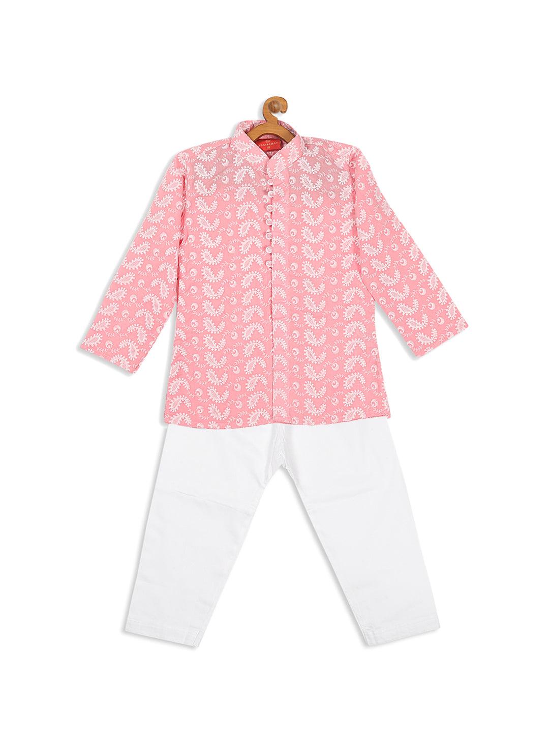 VASTRAMAY SISHU Boy's Pink Floral Chikankari Pure Cotton Kurta with Pyjama - Uboric