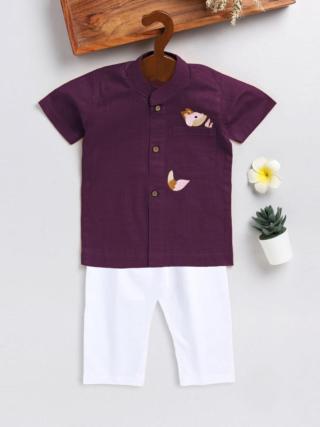 VASTRAMAY SISHU Boy's Purple and White Embroidered Cotton Kurta Pyjama Set - Uboric