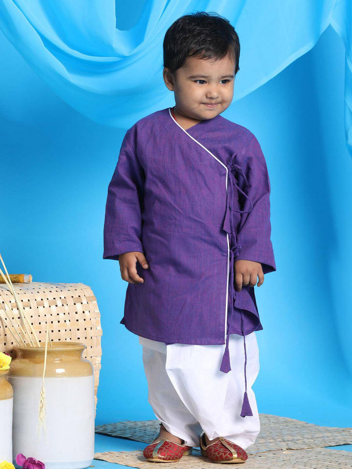 VASTRAMAY SISHU Boy's Purple Angrakha Style Krishna Kurta and White Dhoti Set - Uboric