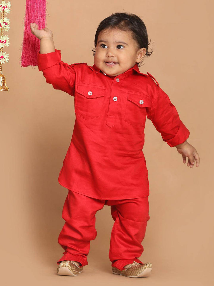 VASTRAMAY SISHU Boy's Red Pure Cotton Pathani Styl Kurta With Pyjama Set - Uboric