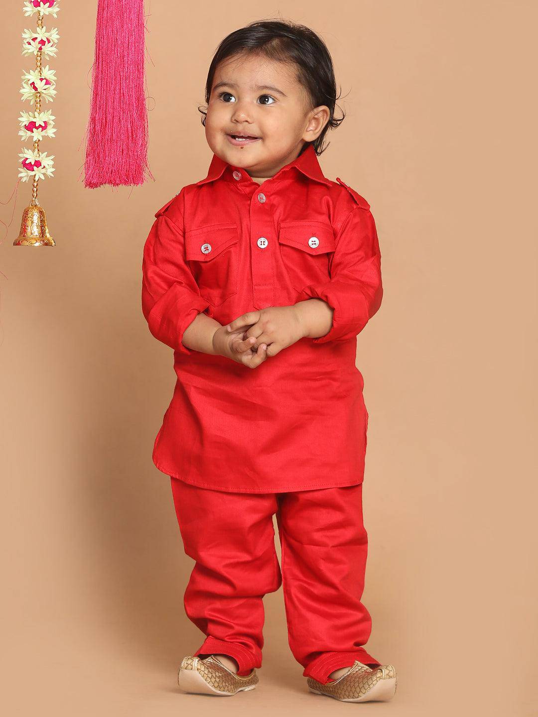 VASTRAMAY SISHU Boy's Red Pure Cotton Pathani Styl Kurta With Pyjama Set - Uboric