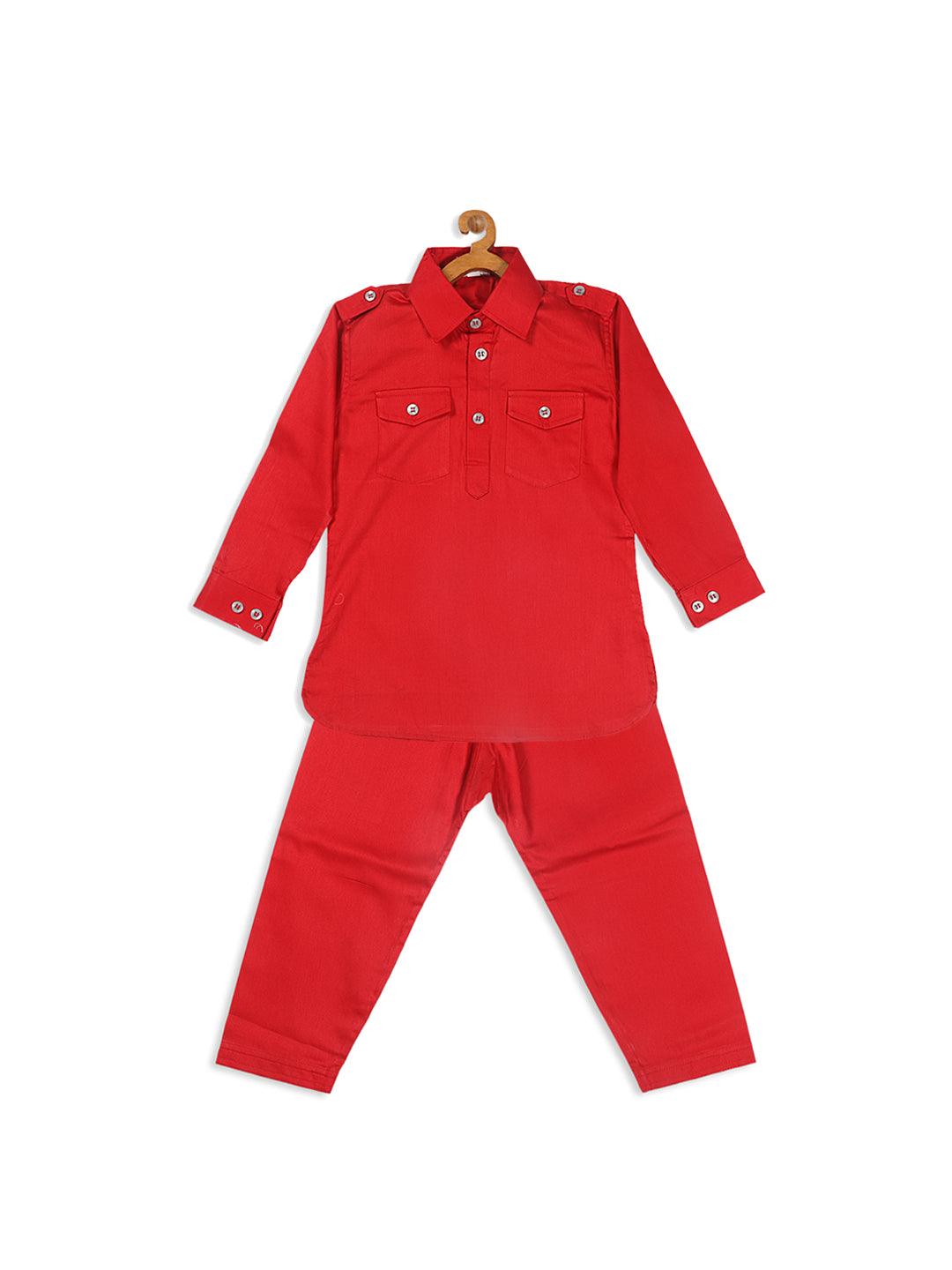 VASTRAMAY SISHU Boy's Red Pure Cotton Pathani Styl Kurta With Pyjama Set - Uboric