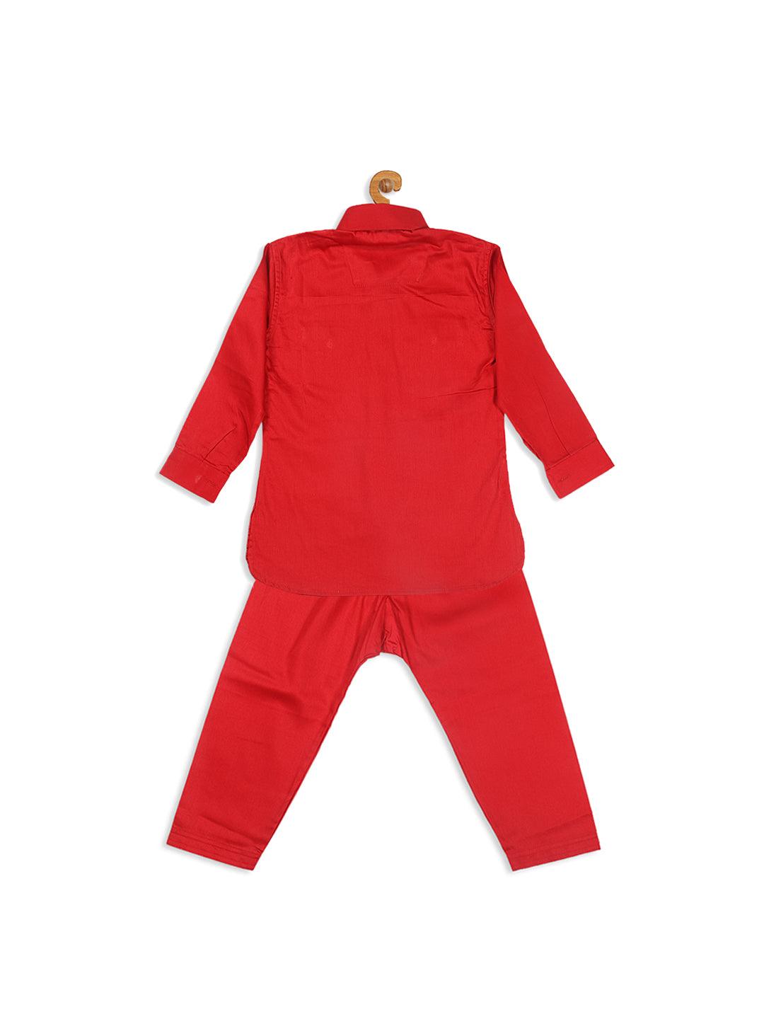 VASTRAMAY SISHU Boy's Red Pure Cotton Pathani Styl Kurta With Pyjama Set - Uboric