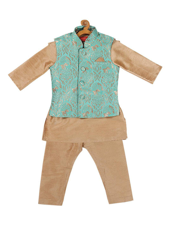 VASTRAMAY SISHU Boy's Rose Gold & Green Kurta Set with Nehru Jacket - Uboric