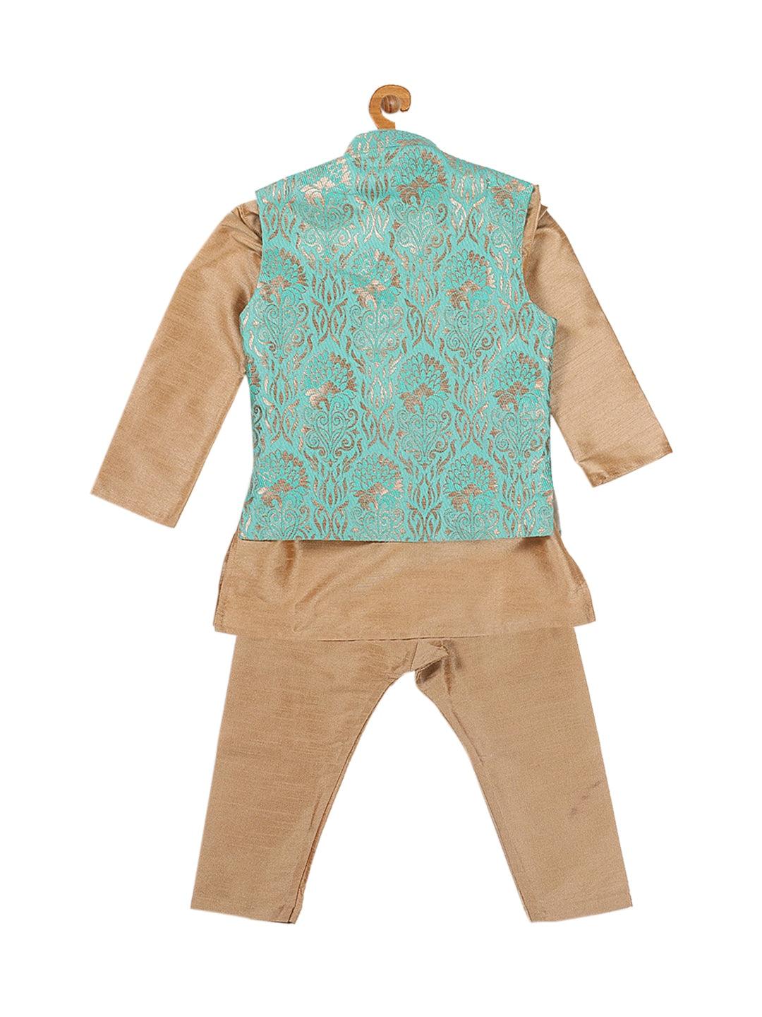 VASTRAMAY SISHU Boy's Rose Gold & Green Kurta Set with Nehru Jacket - Uboric