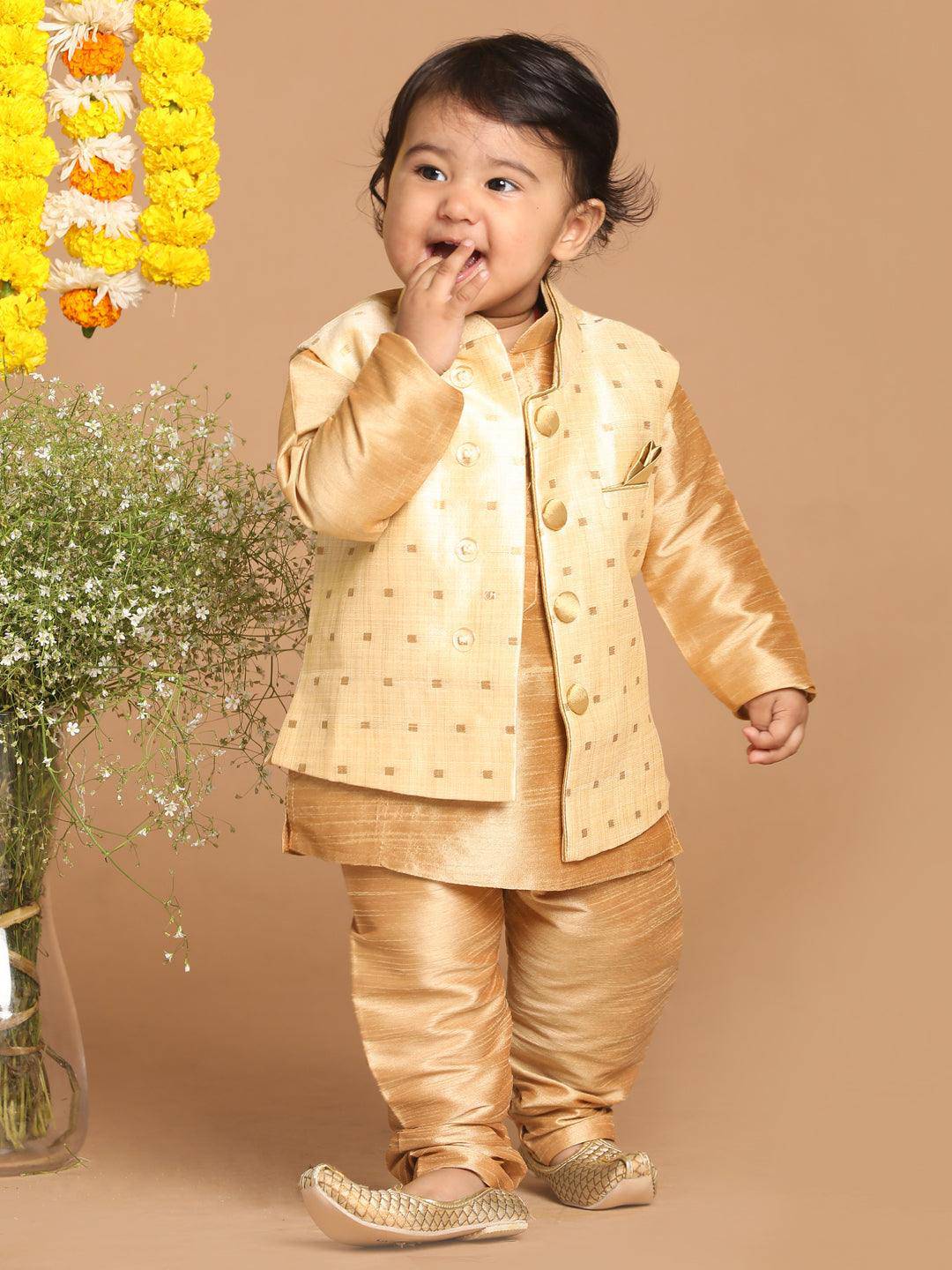 VASTRAMAY SISHU Boy's Rose Gold Kurta And Pajama With Gold Jacket - Uboric