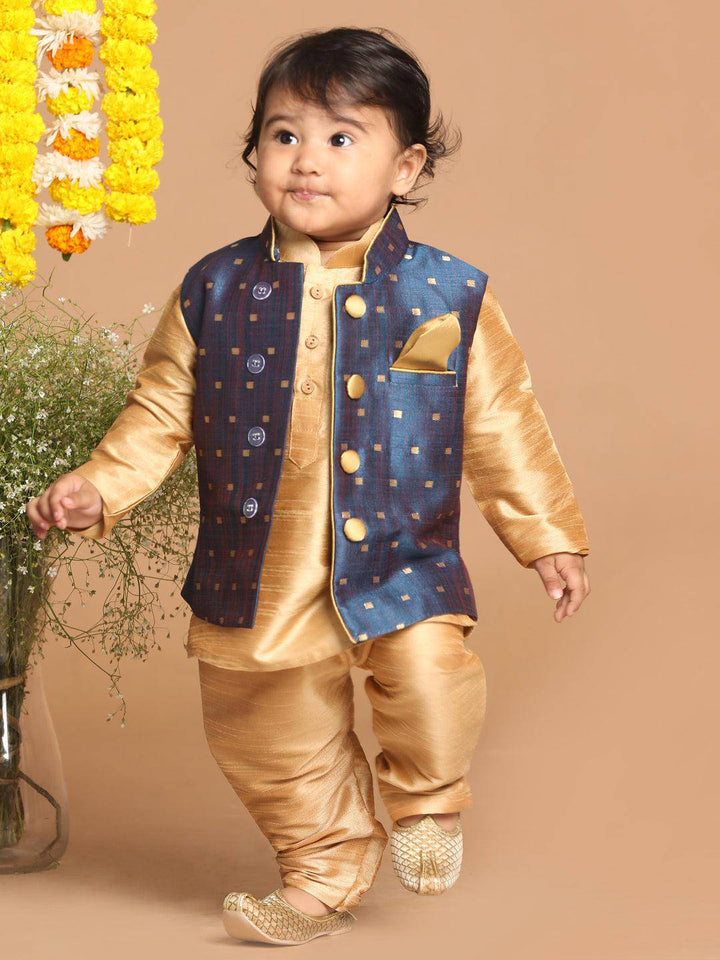 VASTRAMAY SISHU Boy's Rose Gold Kurta Pyjama With Blue Woven Nehru Jacket - Uboric