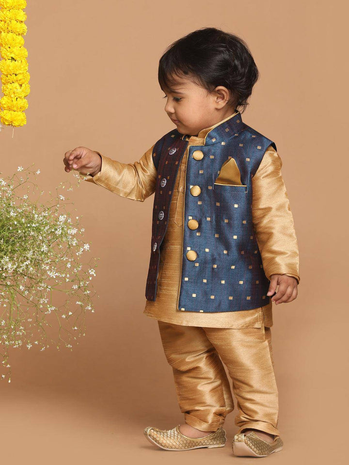 VASTRAMAY SISHU Boy's Rose Gold Kurta Pyjama With Blue Woven Nehru Jacket - Uboric