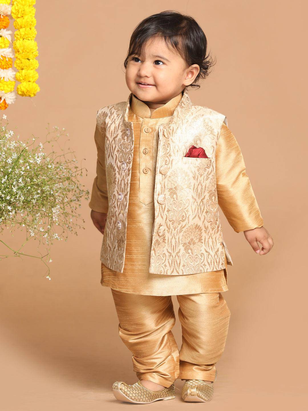 VASTRAMAY SISHU Boy's Rose Gold Printed  Pyjama Set With Nehru Jacket - Uboric