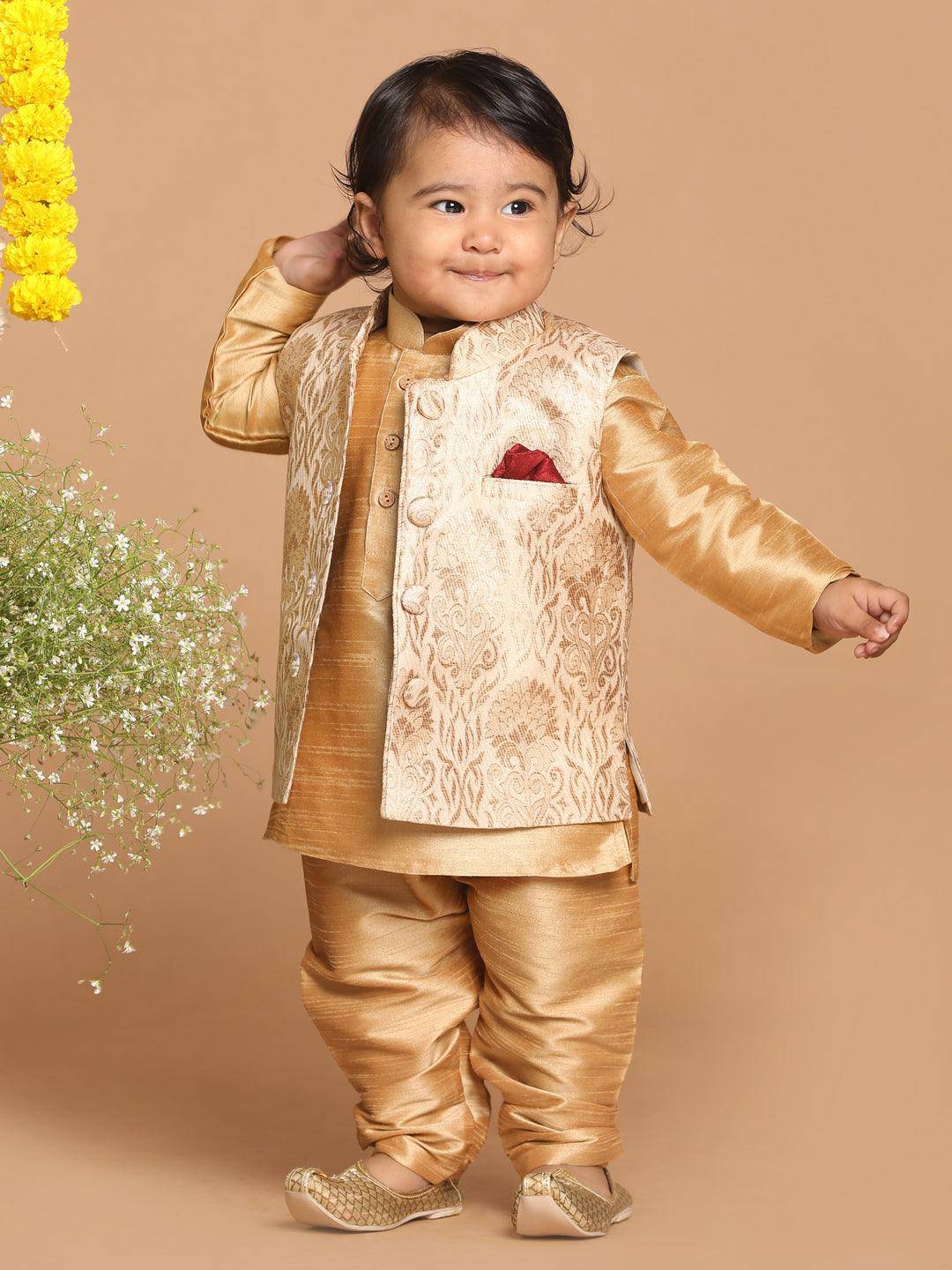 VASTRAMAY SISHU Boy's Rose Gold Printed  Pyjama Set With Nehru Jacket - Uboric