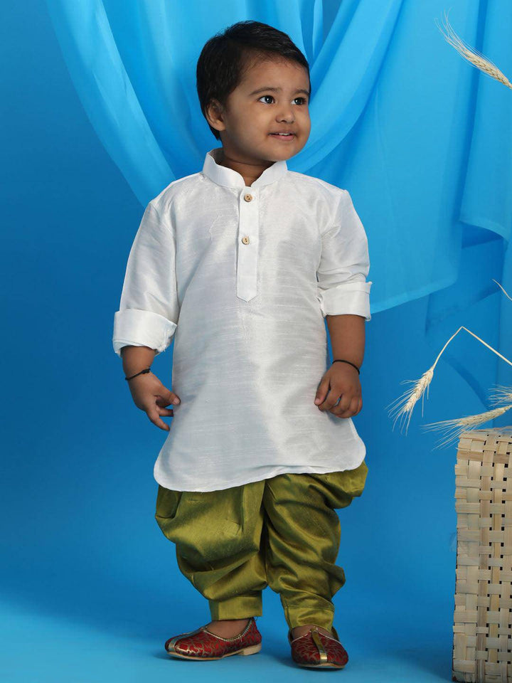 VASTRAMAY SISHU Boy's White & Light Green Kurta With Dhoti Pant Set - Uboric