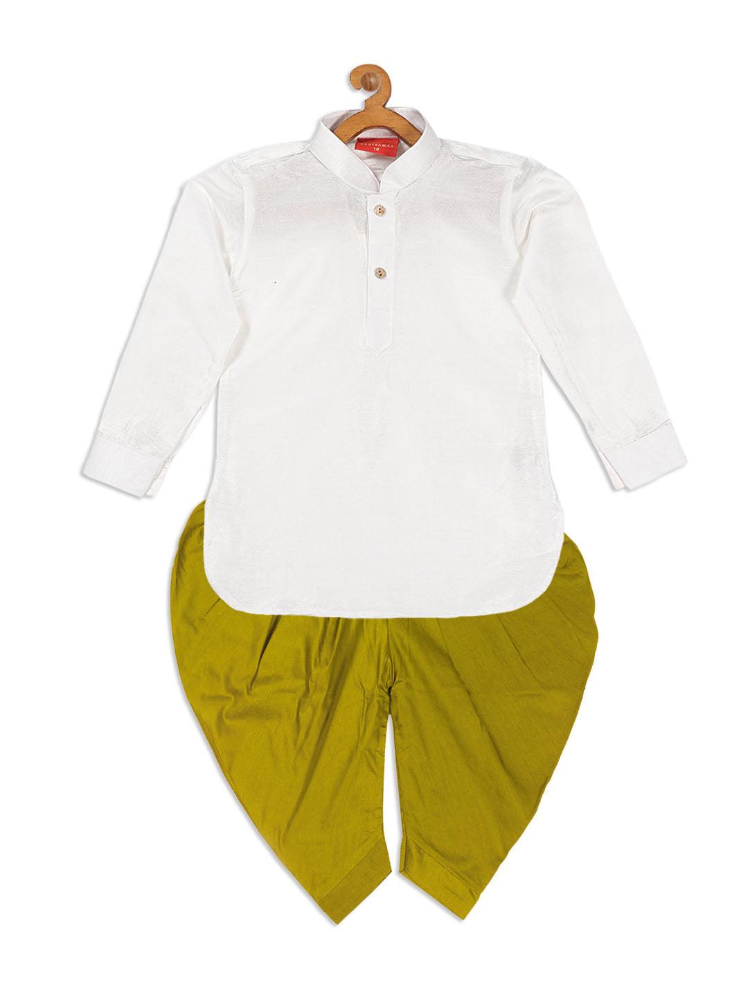 VASTRAMAY SISHU Boy's White & Light Green Kurta With Dhoti Pant Set - Uboric