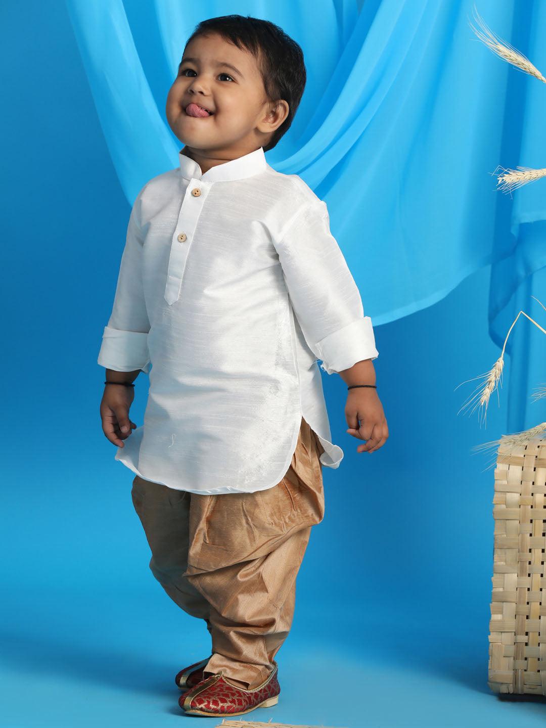 VASTRAMAY SISHU Boy's White & Rose Gold Kurta With Dhoti Pant Set - Uboric