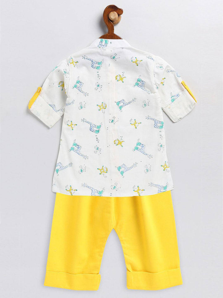 VASTRAMAY SISHU Boy's White and Yellow Animals Printed Cotton Kurta Pyjama Set - Uboric