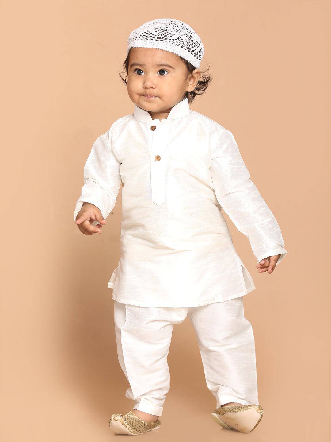 VASTRAMAY SISHU Boy's White Kurta And  Pyjama Set With Prayer Cap - Uboric