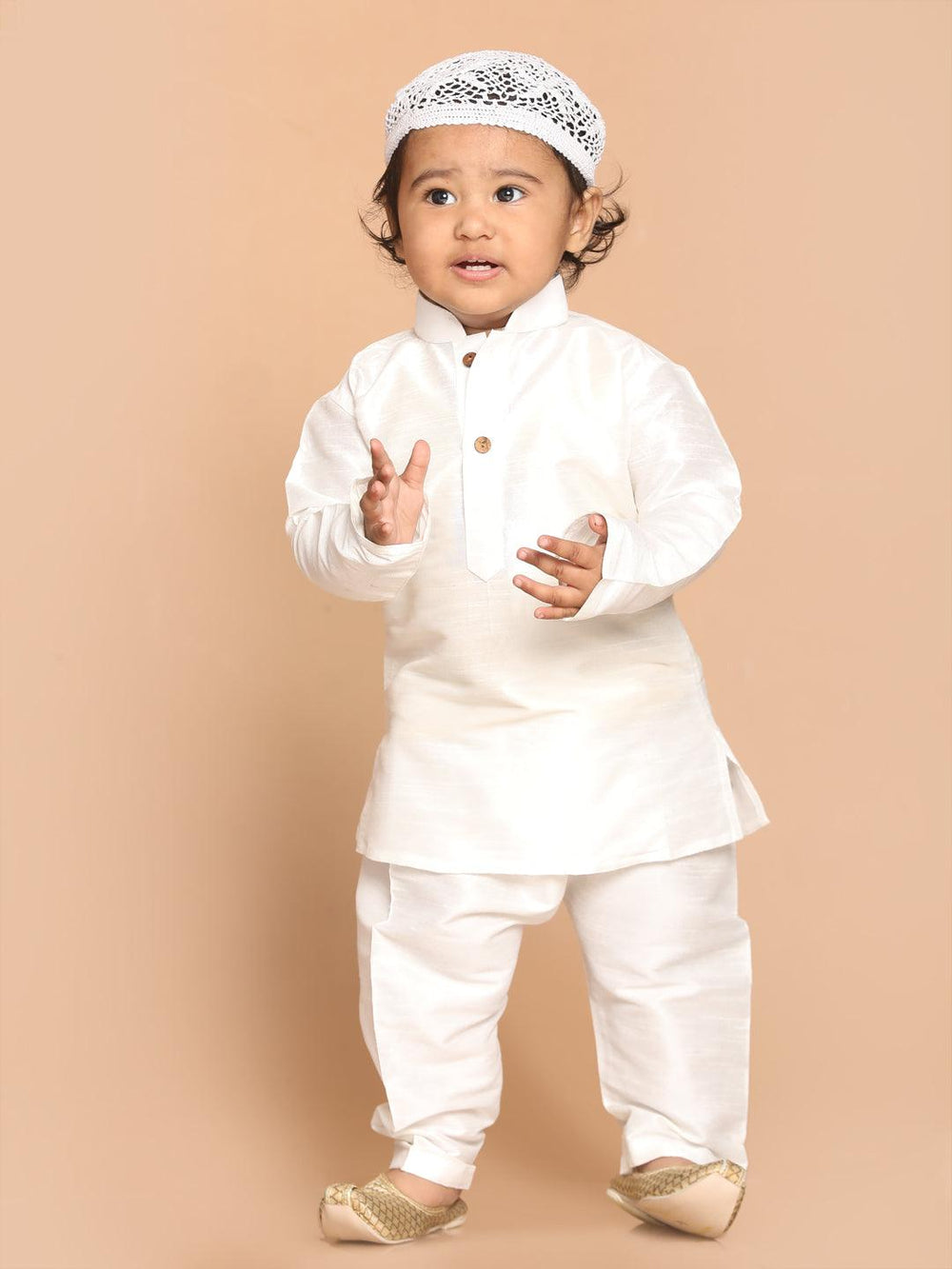 VASTRAMAY SISHU Boy's White Kurta And  Pyjama Set With Prayer Cap - Uboric