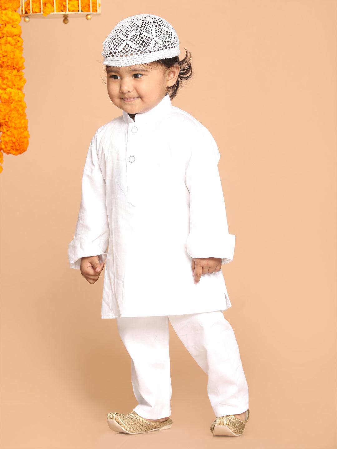 VASTRAMAY SISHU Boy's White Kurta And Pyjamas With Cap - Uboric