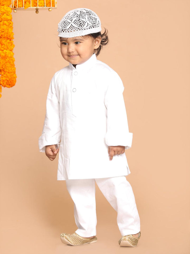 VASTRAMAY SISHU Boy's White Kurta And Pyjamas With Cap - Uboric