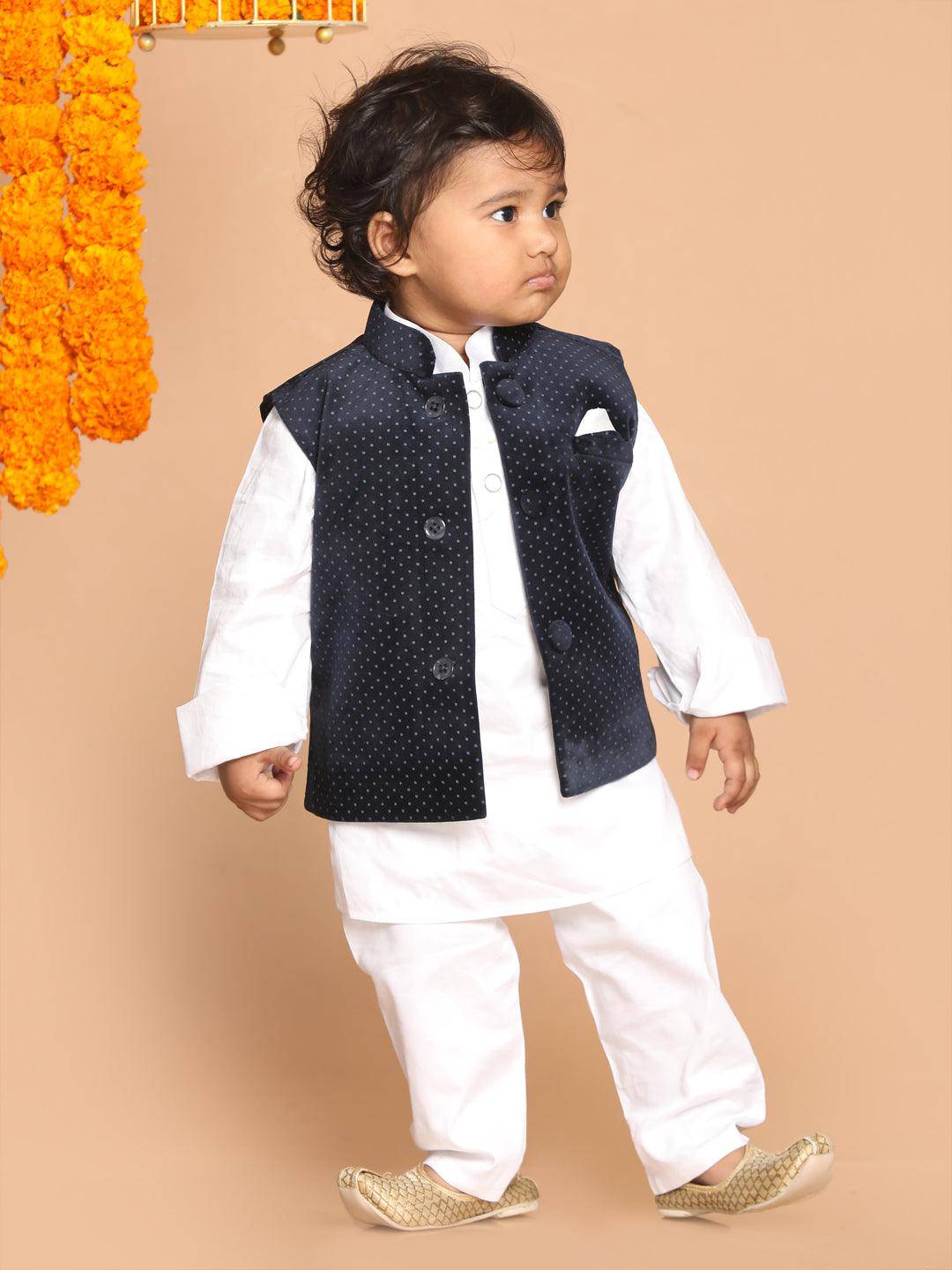 VASTRAMAY SISHU Boy's White Kurta with Pyjamas & Black  Nehru Jacket - Uboric