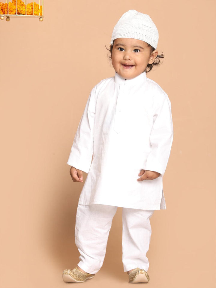 VASTRAMAY SISHU Boy's White Pure Cotton Kurta And Pyjama With Prayer Cap - Uboric