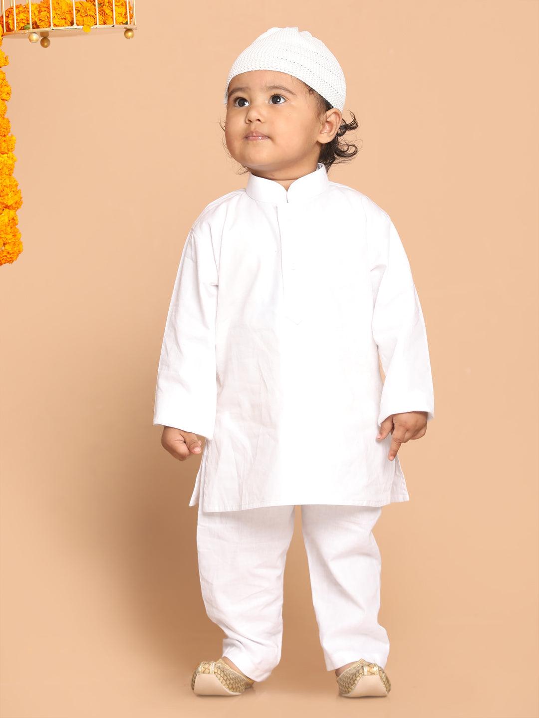 VASTRAMAY SISHU Boy's White Pure Cotton Kurta And Pyjama With Prayer Cap - Uboric