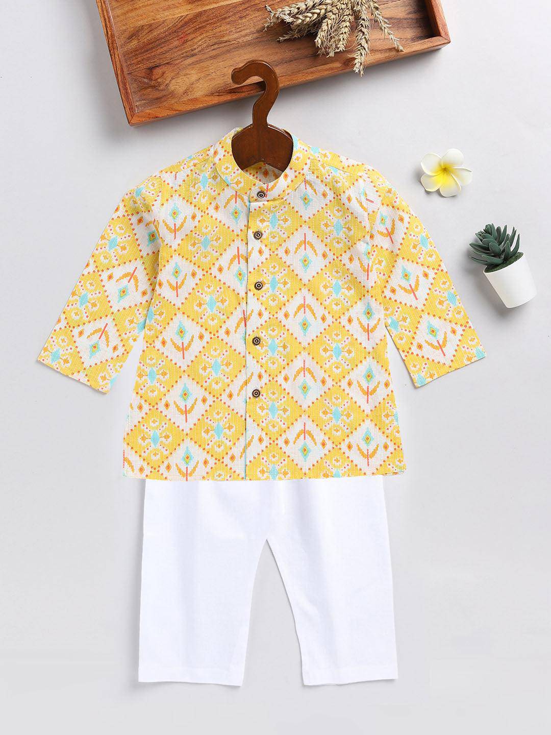 VASTRAMAY SISHU Boy's Yellow and White Printed Cotton Kurta Pyjama Set - Uboric