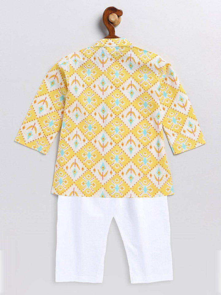 VASTRAMAY SISHU Boy's Yellow and White Printed Cotton Kurta Pyjama Set - Uboric