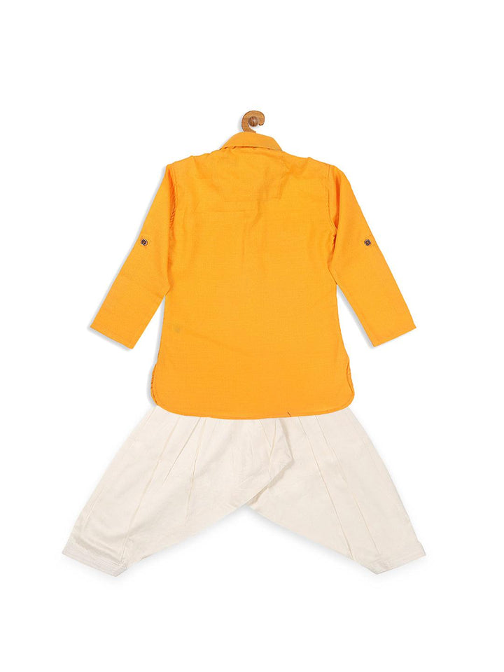 VASTRAMAY SISHU Boy's Yellow Pathani Shape Kurta With Cream Patiala Set - Uboric