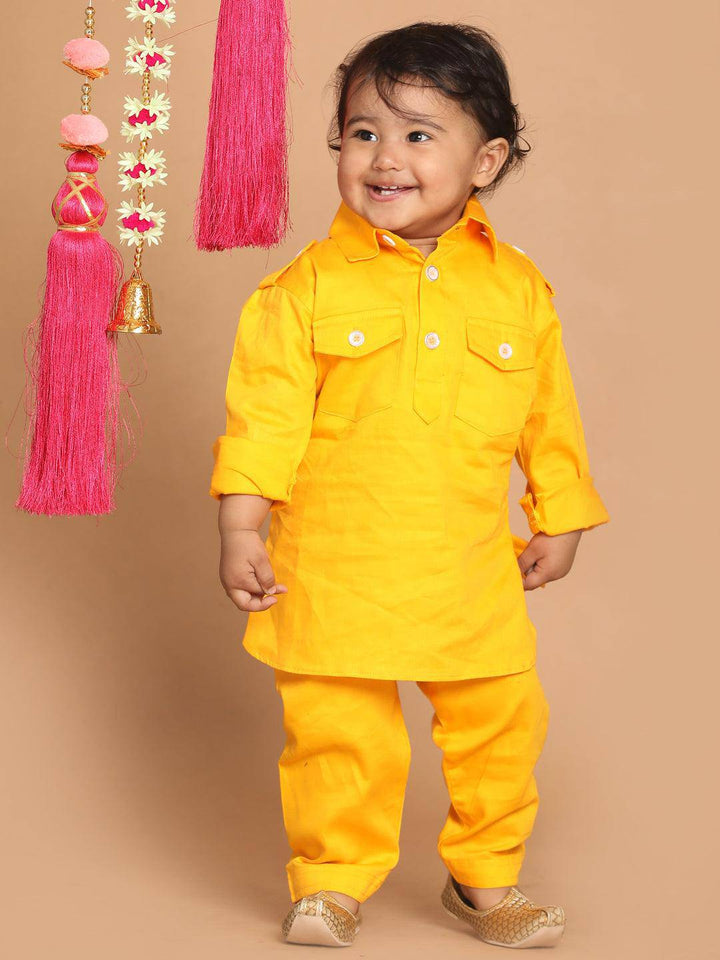 VASTRAMAY SISHU Boy's Yellow Pure Cotton Pathani Kurta With Pyjama Set - Uboric