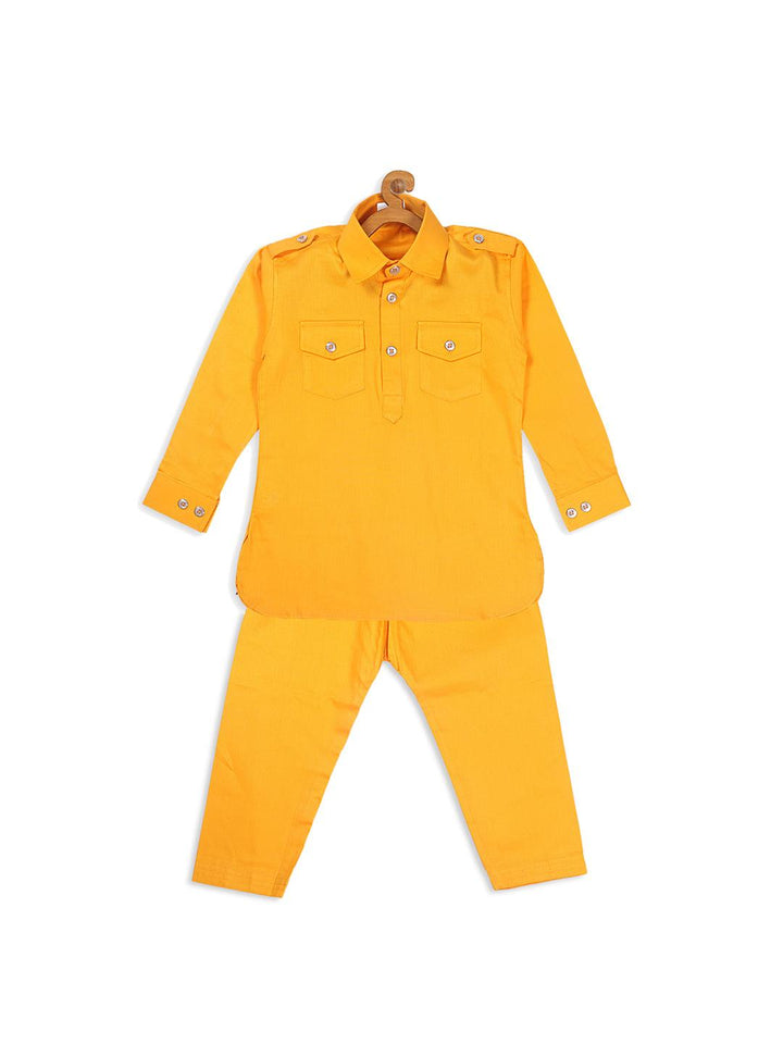 VASTRAMAY SISHU Boy's Yellow Pure Cotton Pathani Kurta With Pyjama Set - Uboric