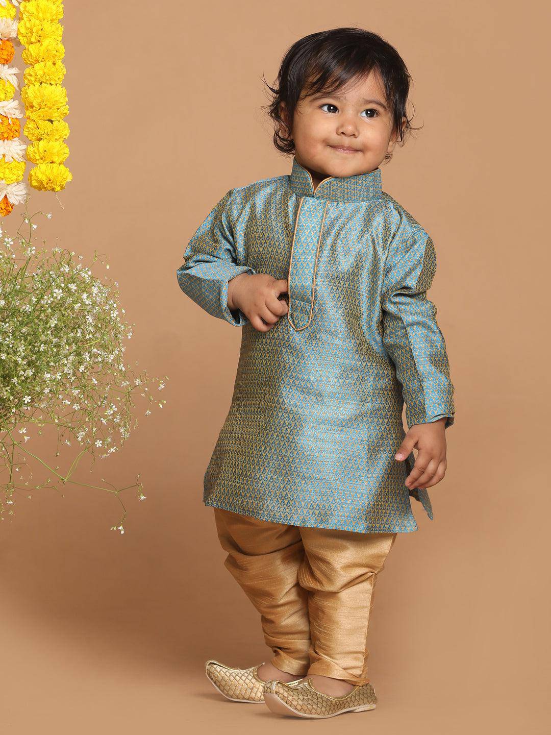 VASTRAMAY SISHU Boys Blue Woven Kurta With Rose Gold Pyjama Set - Uboric