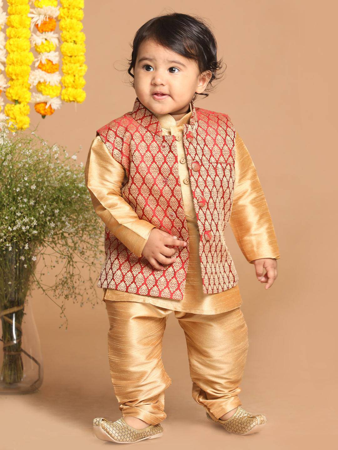 VASTRAMAY SISHU Boys Gold-Toned & Maroon Woven Design Nehru Jackets - Uboric