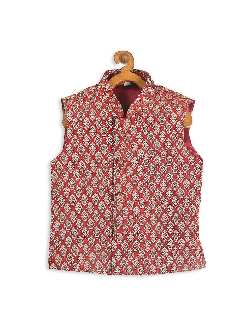 VASTRAMAY SISHU Boys Gold-Toned & Maroon Woven Design Nehru Jackets - Uboric