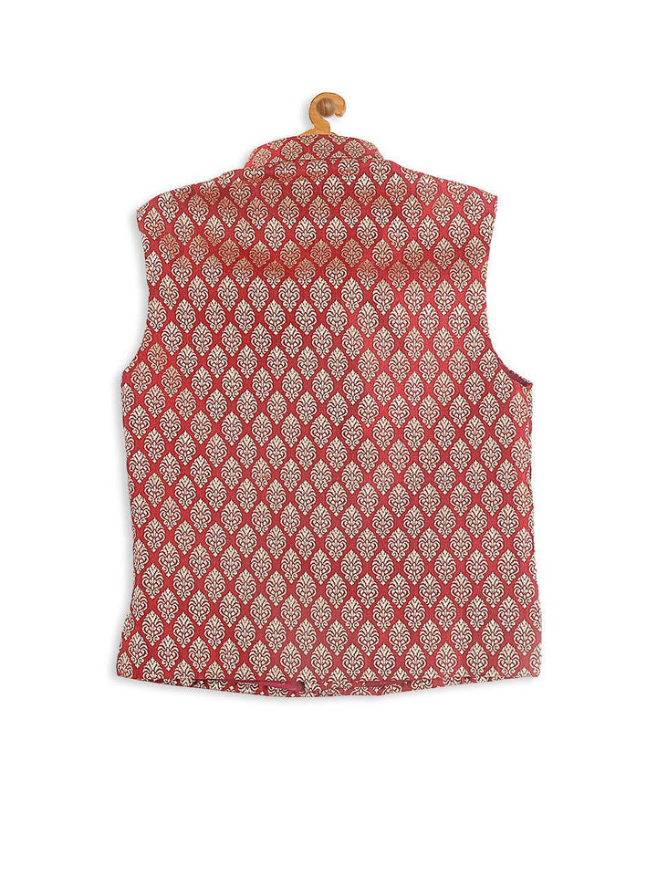 VASTRAMAY SISHU Boys Gold-Toned & Maroon Woven Design Nehru Jackets - Uboric