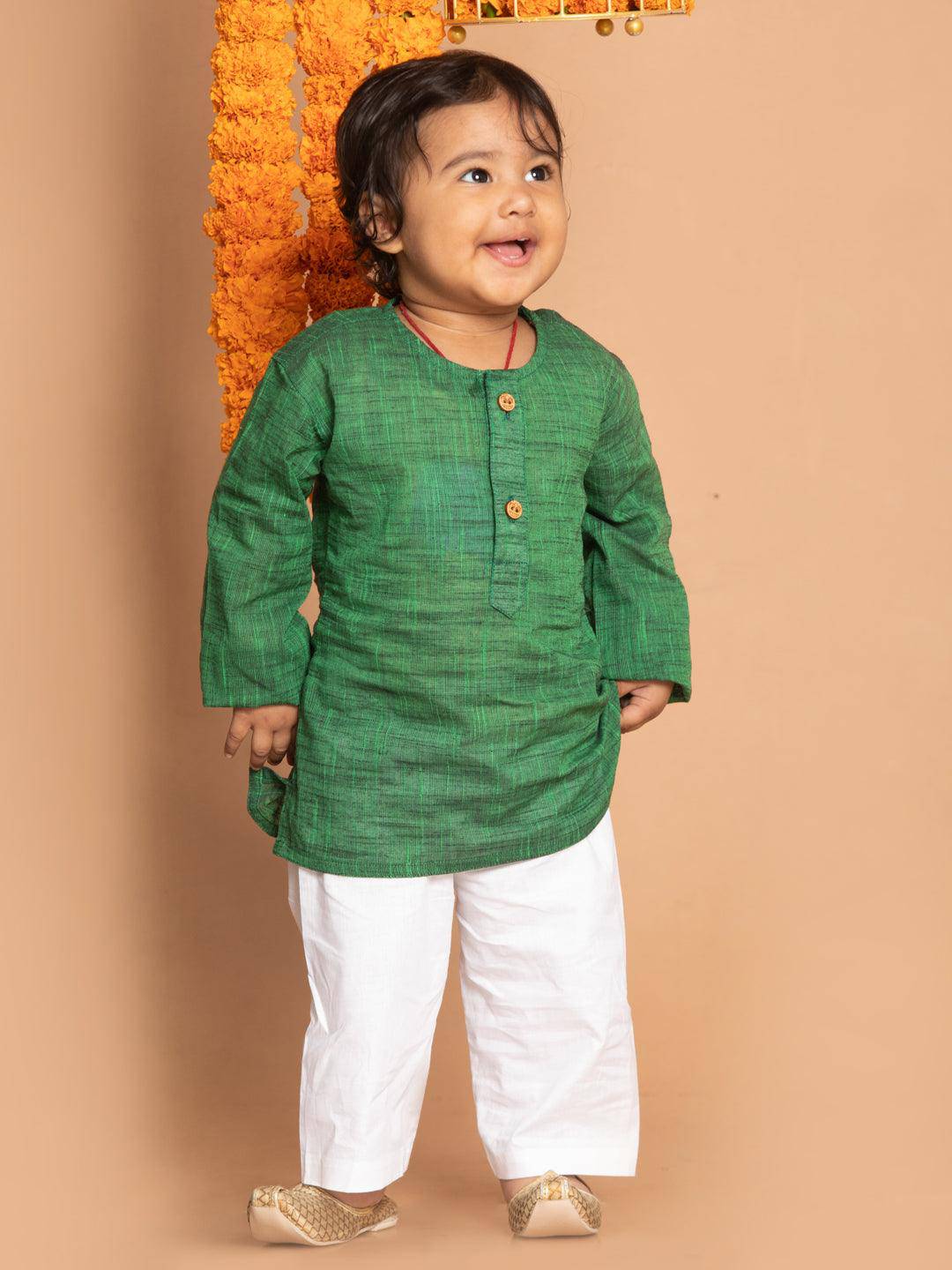 VASTRAMAY SISHU Boys' Green Cotton Kurta and White Pyjama Set - Uboric