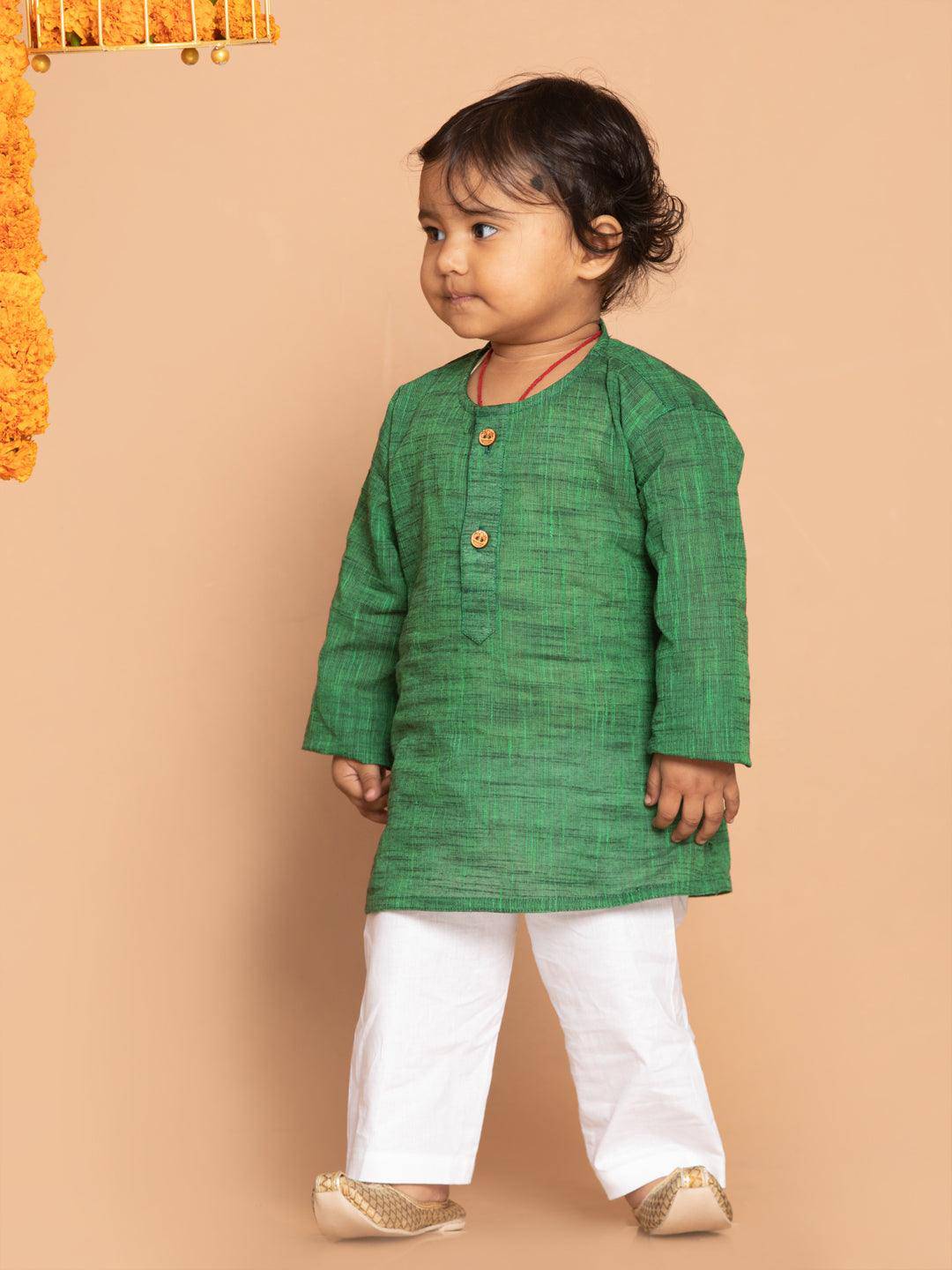 VASTRAMAY SISHU Boys' Green Cotton Kurta and White Pyjama Set - Uboric