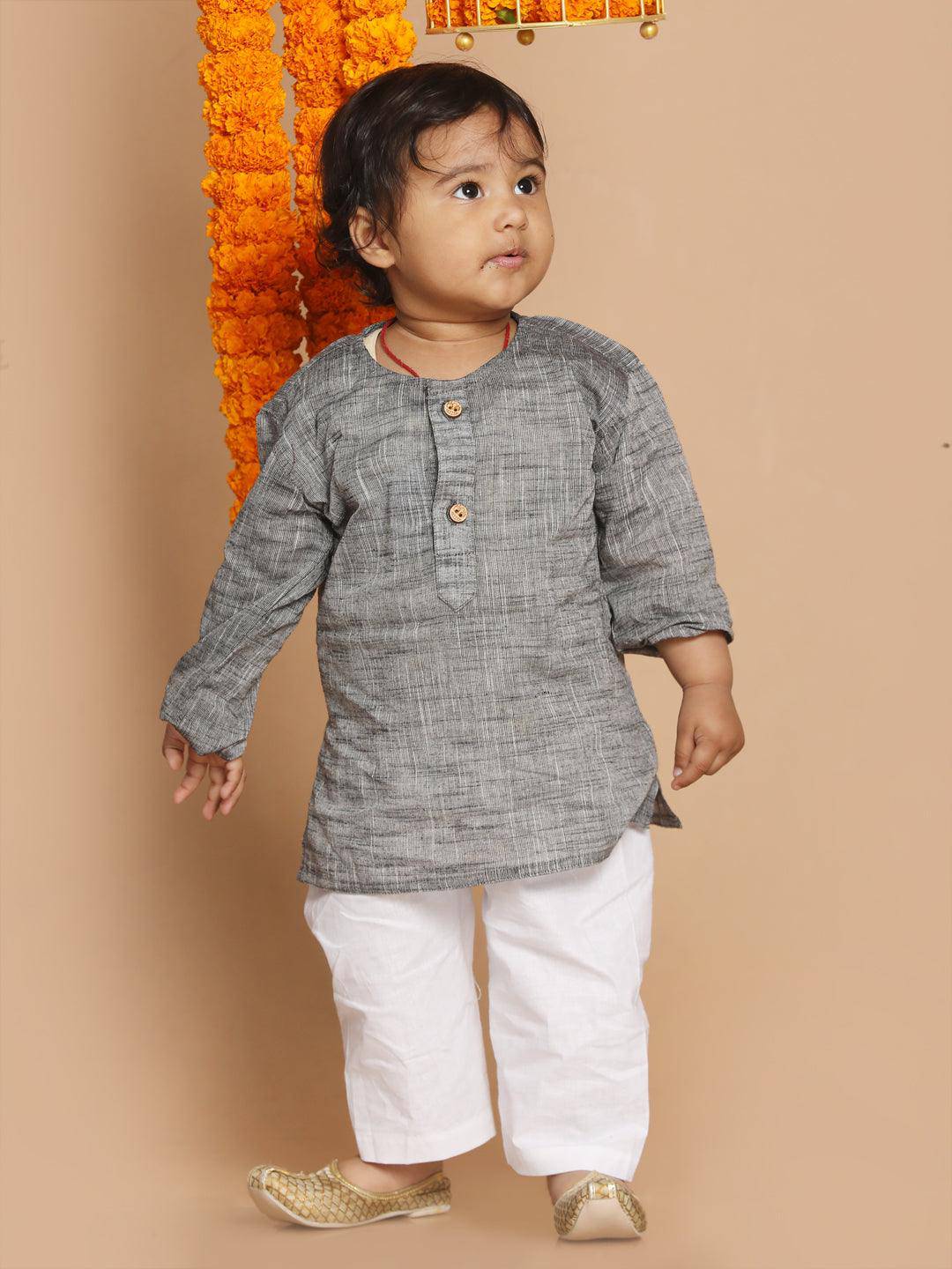 VASTRAMAY SISHU Boys' Grey Cotton Kurta and White Pyjama Set - Uboric